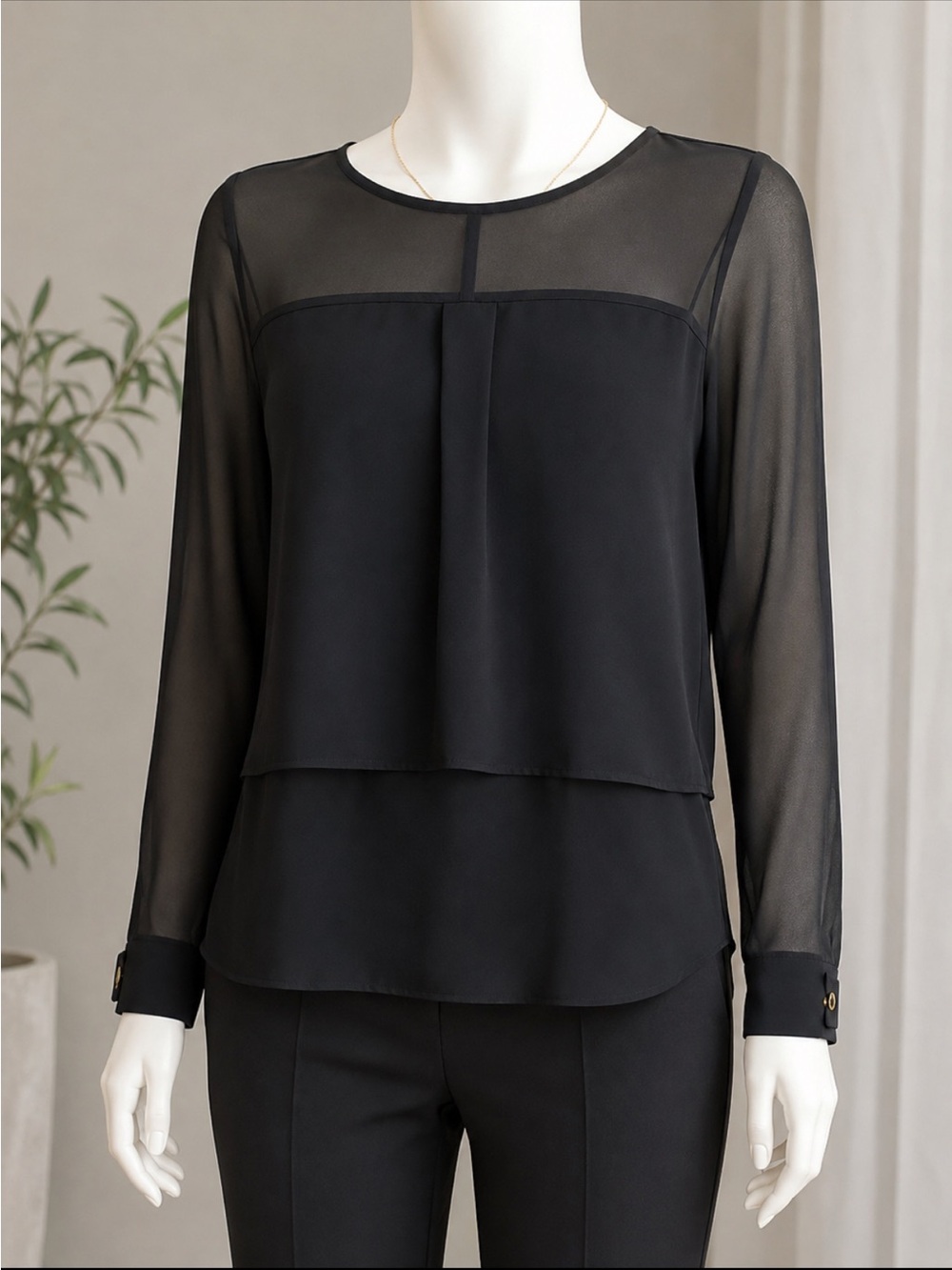 Elegant Zara viscose Black Layered Sheer Long-Sleeve Blouse light weight